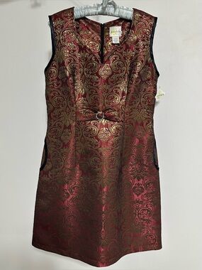 Mandala Design Red Gold Brocade Sleeveless Dress M/L